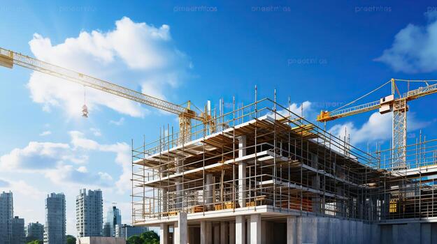 Construction site with cranes and scaffolding